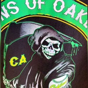 Sons Of Oakland Grim Reaper Green & Gold For Life Baseball Black Shirt.Size- 2XL